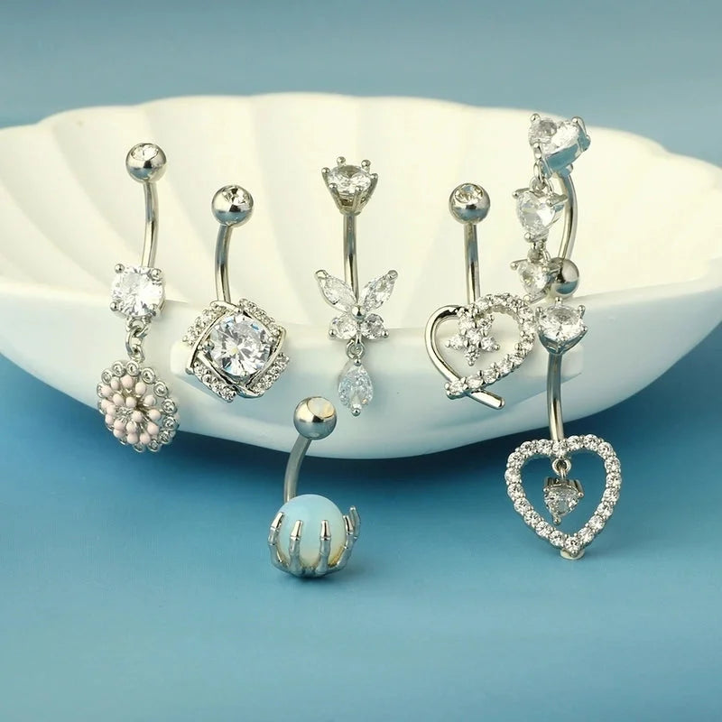 1 Piece Belly Rings Minimalist Heart Shape Wings Butterfly 316L Stainless Steel Copper Inlay Zircon