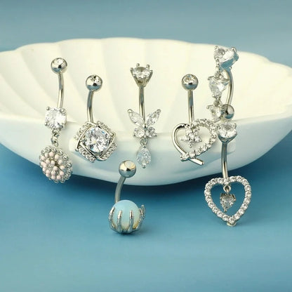 1 Piece Belly Rings Minimalist Heart Shape Wings Butterfly 316L Stainless Steel Copper Inlay Zircon