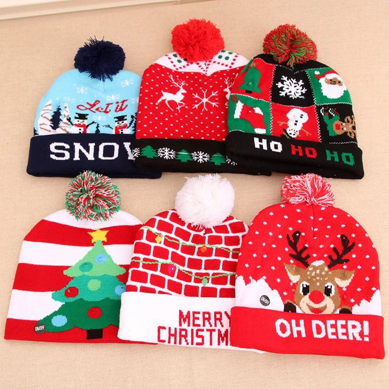Spot Cross-border New Christmas Hat Colorful Luminous Knitted Hat Christmas Hat Adult Children Knitted Wool Christmas