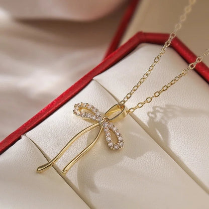 Copper 18K Gold Plated Sweet Minimalist Commute Plating Inlay Bow Knot Zircon Pendant Necklace