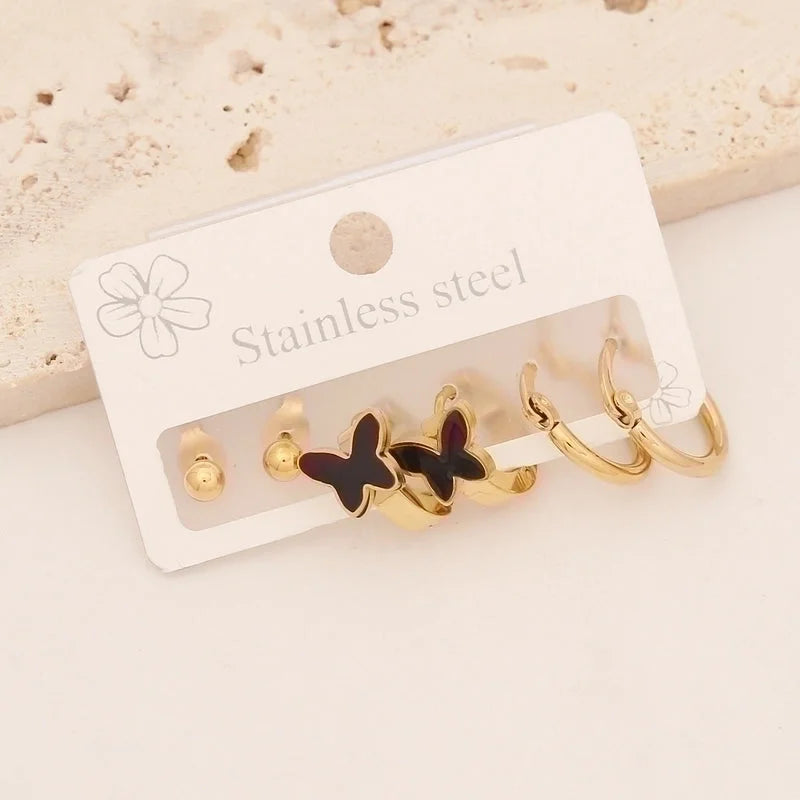 1 Set Casual Minimalist Pentagram Heart Shape Enamel Stainless Steel 18K Gold Plated Earrings Ear Studs