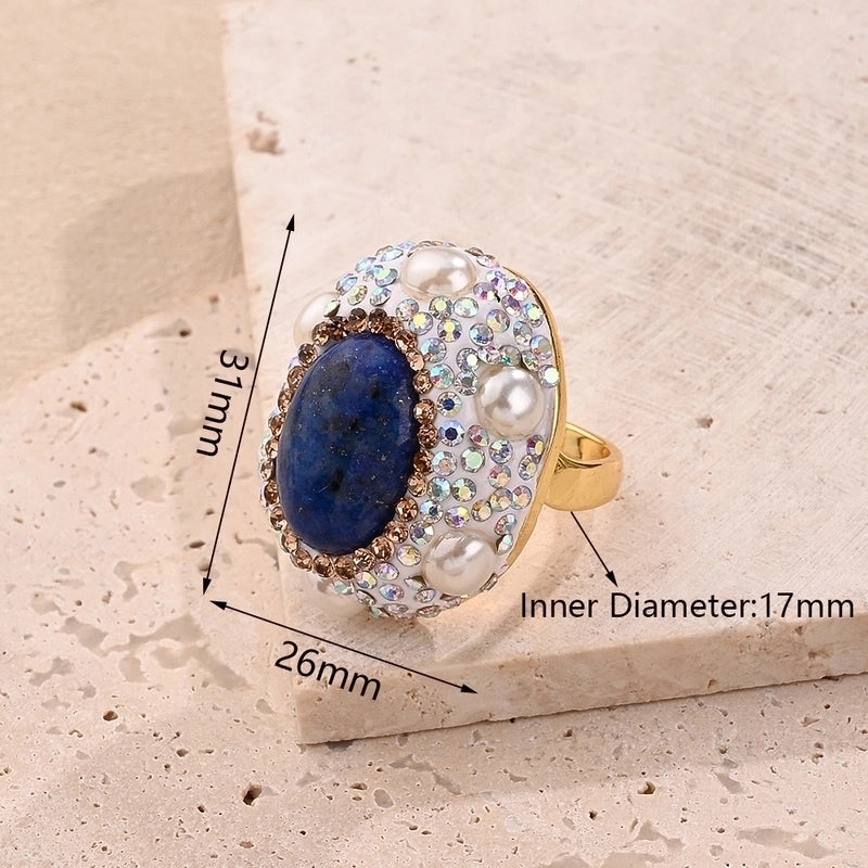 Casual Glam Vacation Irregular Round Oval Amethyst Copper Lapis Lazuli 18K Gold Plated Imitation Pearl Rhinestones Clay Adjustable Ring In Bulk