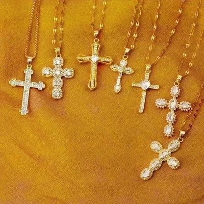 Stainless Steel 18K Gold Plated Vintage Style Plating Inlay Geometric Cross Rhinestones Pearl Zircon Pendant Necklace