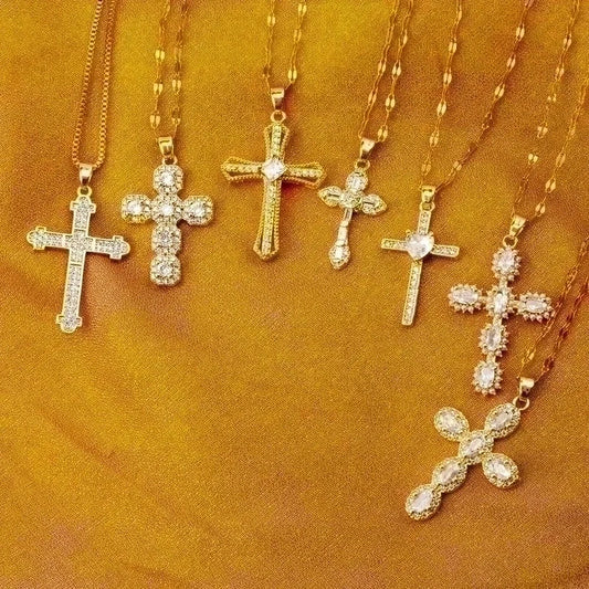 Stainless Steel 18K Gold Plated Vintage Style Plating Inlay Geometric Cross Rhinestones Pearl Zircon Pendant Necklace