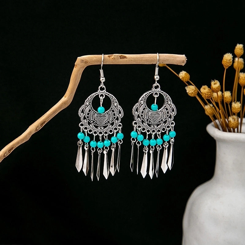 Bohemian Blue Turquoise National Style Earrings Imitation Miao Silver Metal Earrings Vintage Tassel Earrings