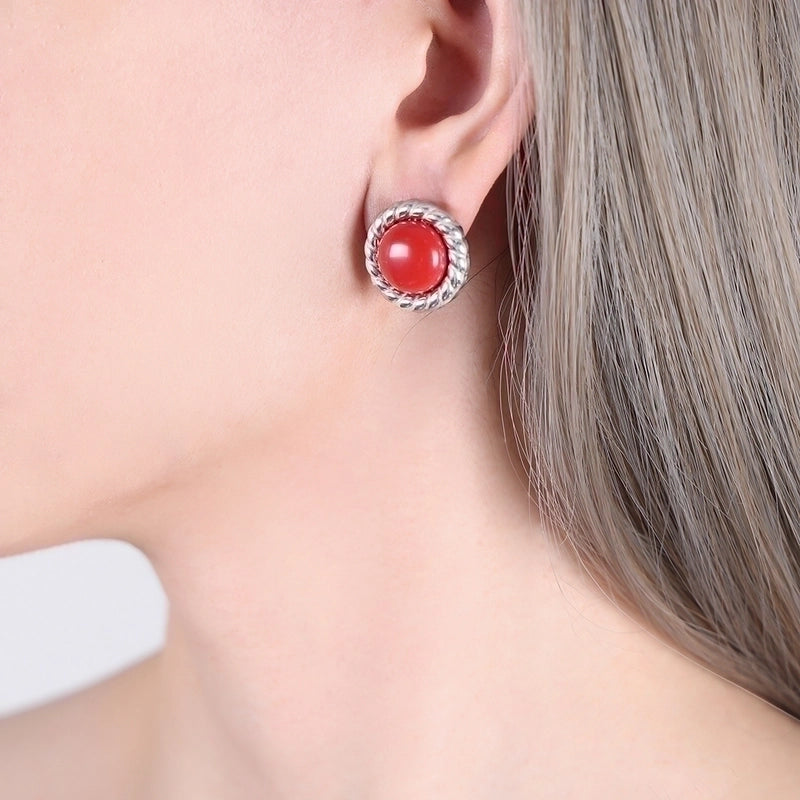 Retro French Style Solid Color Titanium Steel Natural Stone Turquoise 18K Gold Plated Plating Inlay Earrings Necklace Jewelry Set