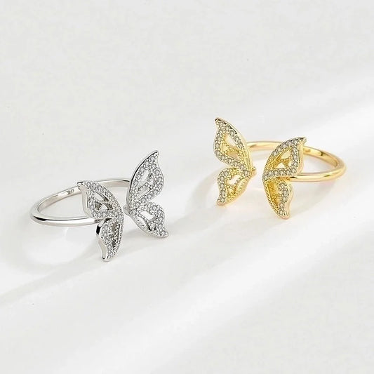 Shiny Butterfly Copper Gold Plated Silver Plated Zircon Open Ring In Bulk