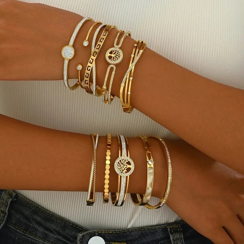 Luxurious French Style Life Tree 304 Stainless Steel 14K Gold Plated Rhinestones Bangle In Bulk