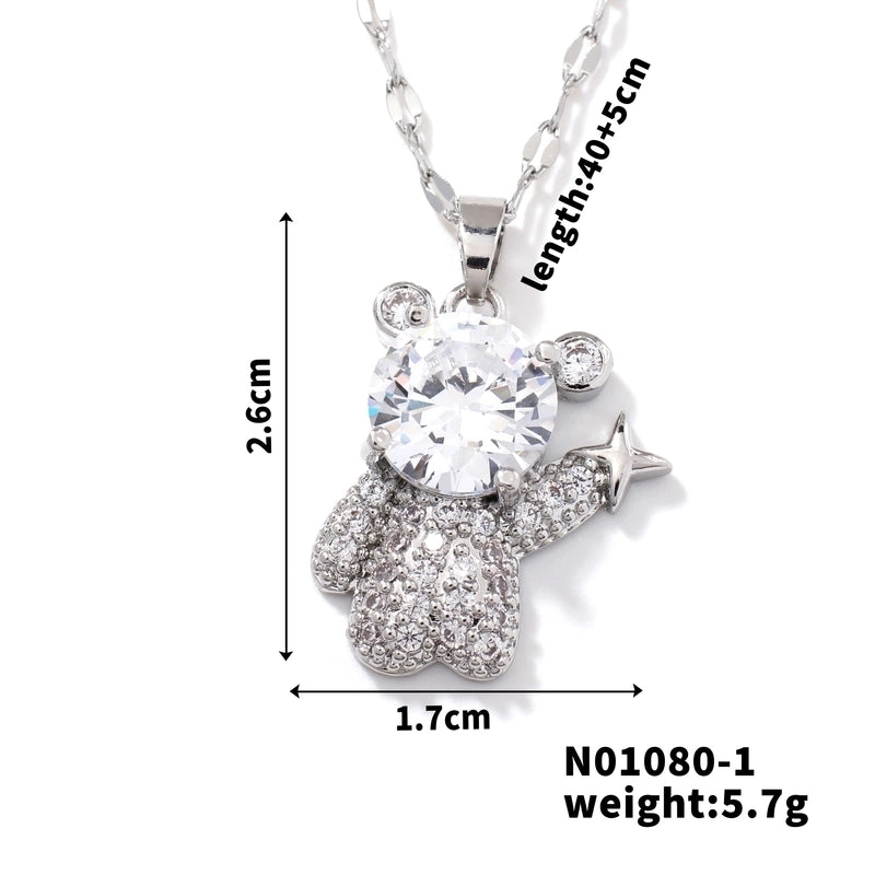 304 Stainless Steel Copper Rhodium Plated Inlay Bear Heart Shape Glass Zircon Pendant Necklace