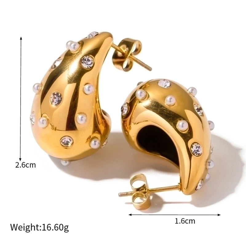 1 Pair IG Style Basic Streetwear Solid Color Plating Inlay 304 Stainless Steel Artificial Pearls Zircon 18K Gold Plated Stainless Steel Earrings