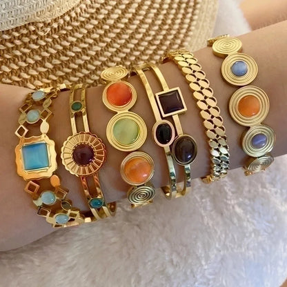 Basic Retro Modern Style Geometric Stainless Steel 18K Gold Plated Opal Bangle In Bulk