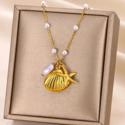 Beach Starfish Conch 304 Stainless Steel 18K Gold Plated Pendant Necklace