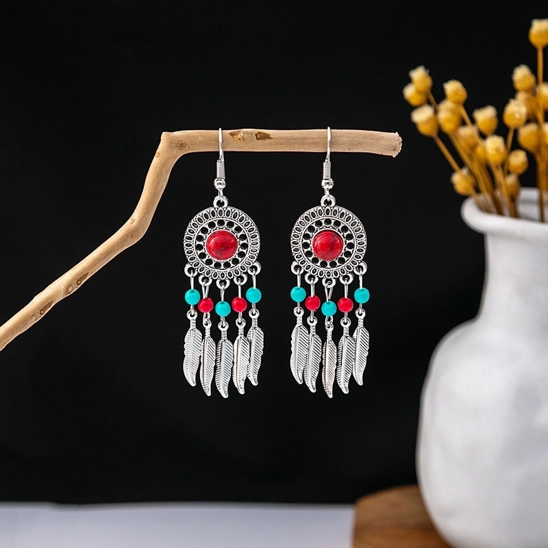 Bohemian Blue Turquoise National Style Earrings Imitation Miao Silver Metal Earrings Vintage Tassel Earrings