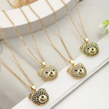 304 Stainless Steel Copper 18K Gold Plated Inlay Bear Zircon Pendant Necklace