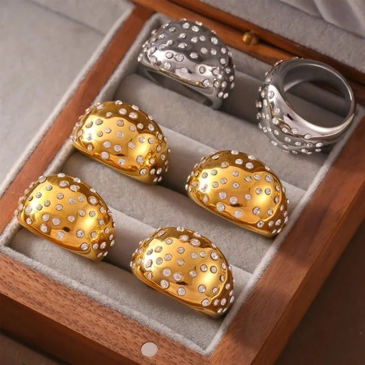 Minimalist British Style Round 304 Stainless Steel Rhinestones 18K Gold Plated Inlay Rings