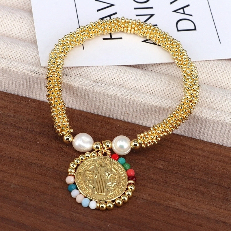 Copper 18K Gold Plated Handmade Pearl Human Round Virgin Mary Crystal Bracelets