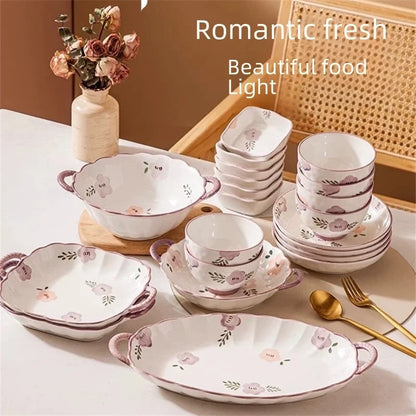 Purple Ceramic Bowl And Dish Set Household Japanese Style Bowl And Dish Fresh Dinner Housewarming Dish Bowl And Chopsticks Set