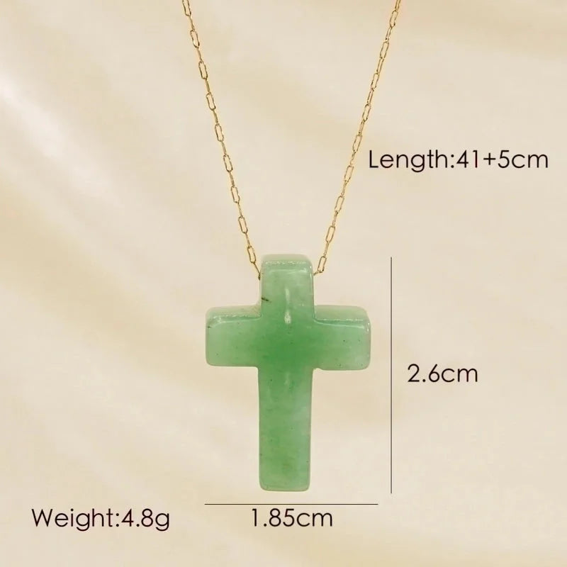 3 Pieces Basic Cross Natural Stone 14K Gold Plated Pendant Necklace In Bulk