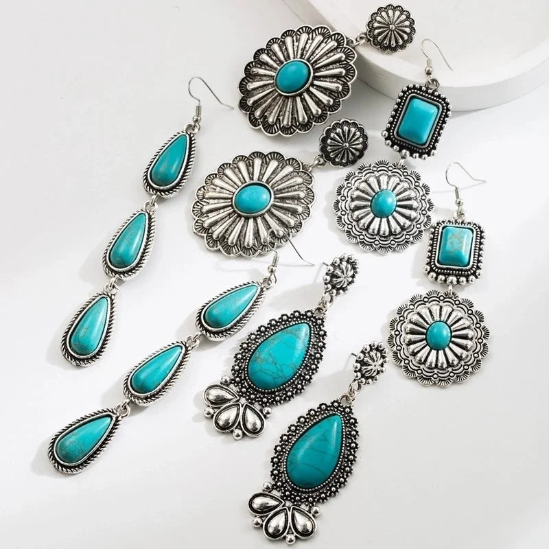 1 Pair Ethnic Style Classic Style Water Droplets Flower Inlay Alloy Turquoise Gold Plated Drop Earrings