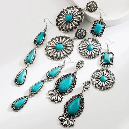 1 Pair Ethnic Style Classic Style Water Droplets Flower Inlay Alloy Turquoise Gold Plated Drop Earrings