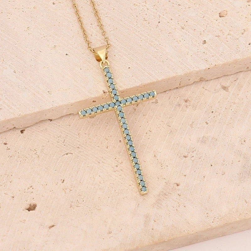 Stainless Steel Copper 18K Gold Plated Fashion Inlay Cross Zircon Pendant Necklace