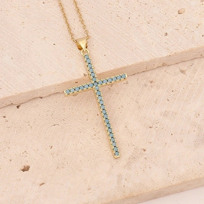 Stainless Steel Copper 18K Gold Plated Fashion Inlay Cross Zircon Pendant Necklace