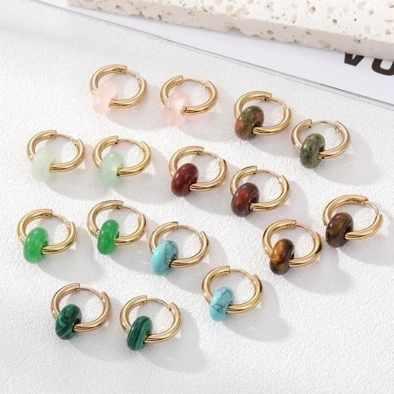 6 Pieces Fashion Round 201 Stainless Steel Natural Stone Earrings