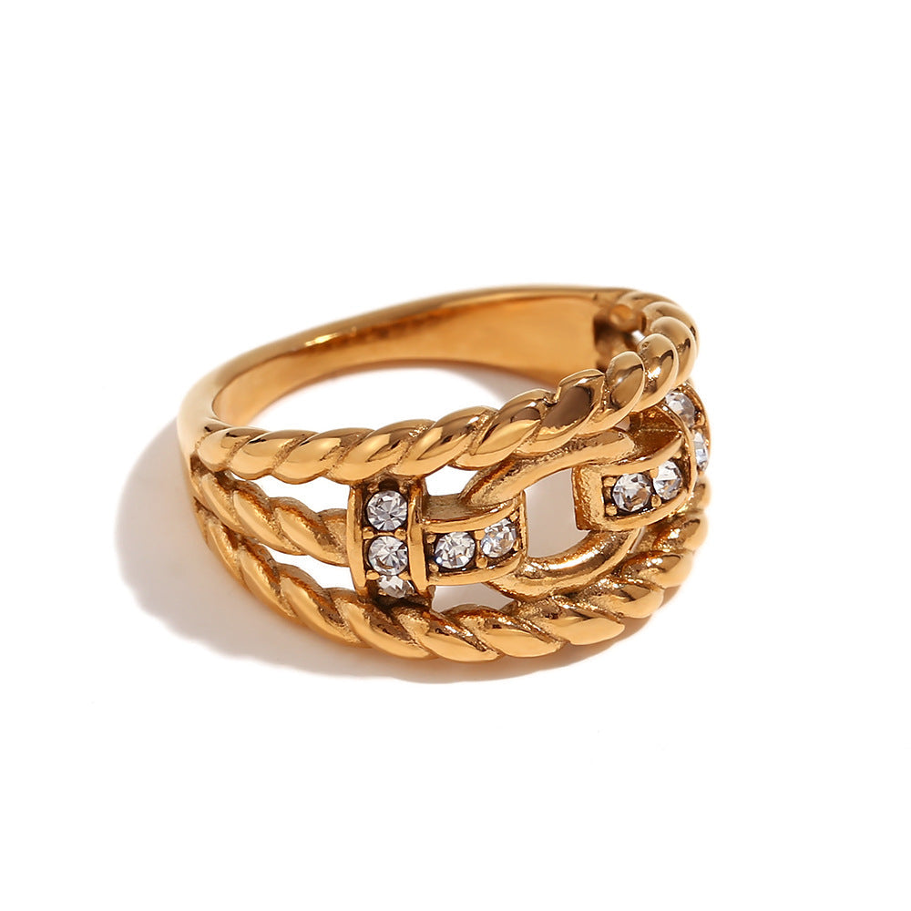 Fashion Niche Stripe Round Circle Geometric Stainless Steel 18K Gold Plated Rings