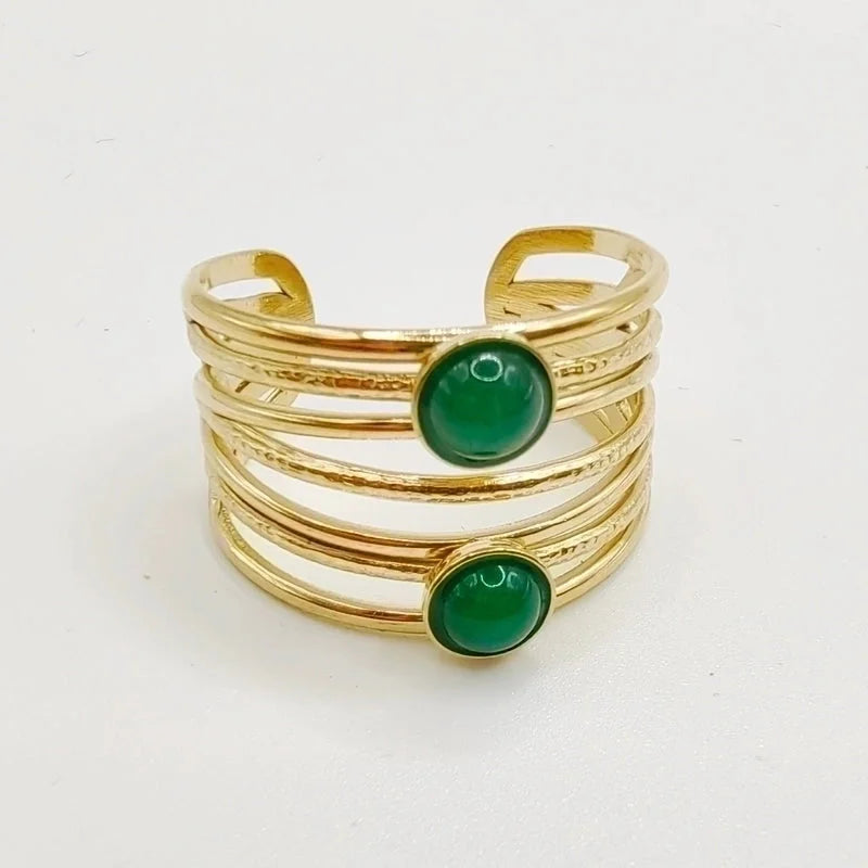 Minimalist Round 304 Stainless Steel Natural Stone 14K Gold Plated Plating Inlay Open Rings