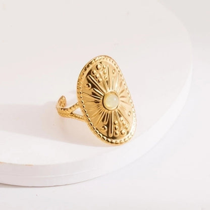 2 Pieces Vintage Style Minimalist Oval 304 Stainless Steel Natural Stone 14K Gold Plated Inlay Open Rings