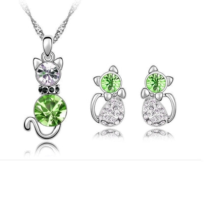 Simple Cat Alloy Crystal Ear Stud Necklace Set