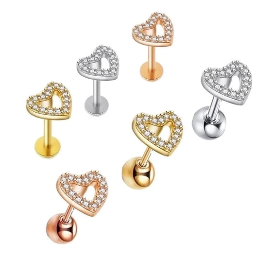 Minimalist Heart Shape Stainless Steel Hollow Out Zircon Lip Stud Ear Studs 1 Piece