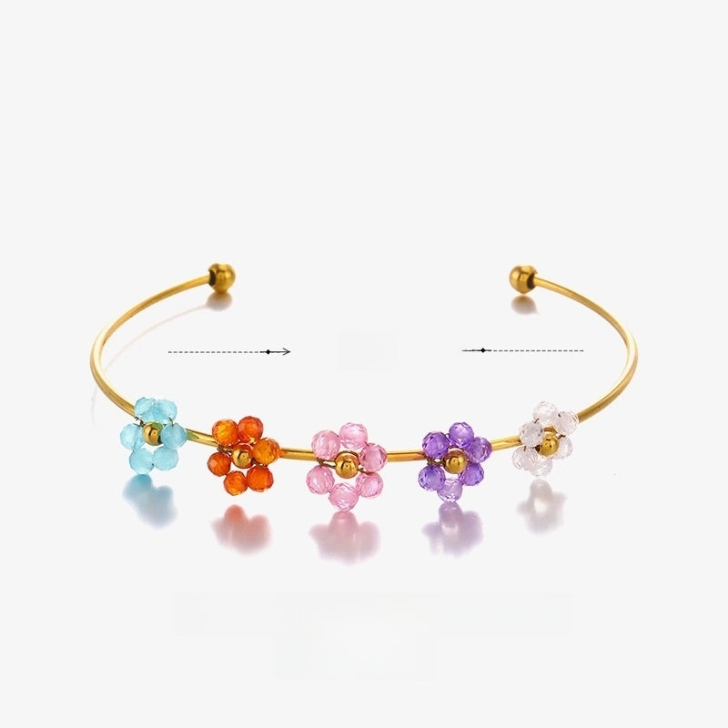 2 Pieces IG Style Flower 304 Stainless Steel 18K Gold Plated Zircon Bangle In Bulk
