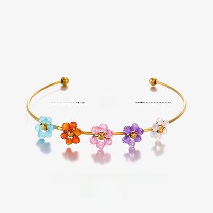 2 Pieces IG Style Flower 304 Stainless Steel 18K Gold Plated Zircon Bangle In Bulk