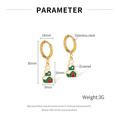 1 Pair Christmas IG Style Cute Christmas House Christmas Tree Bell Enamel Plating 304 Stainless Steel 18K Gold Plated Drop Earrings