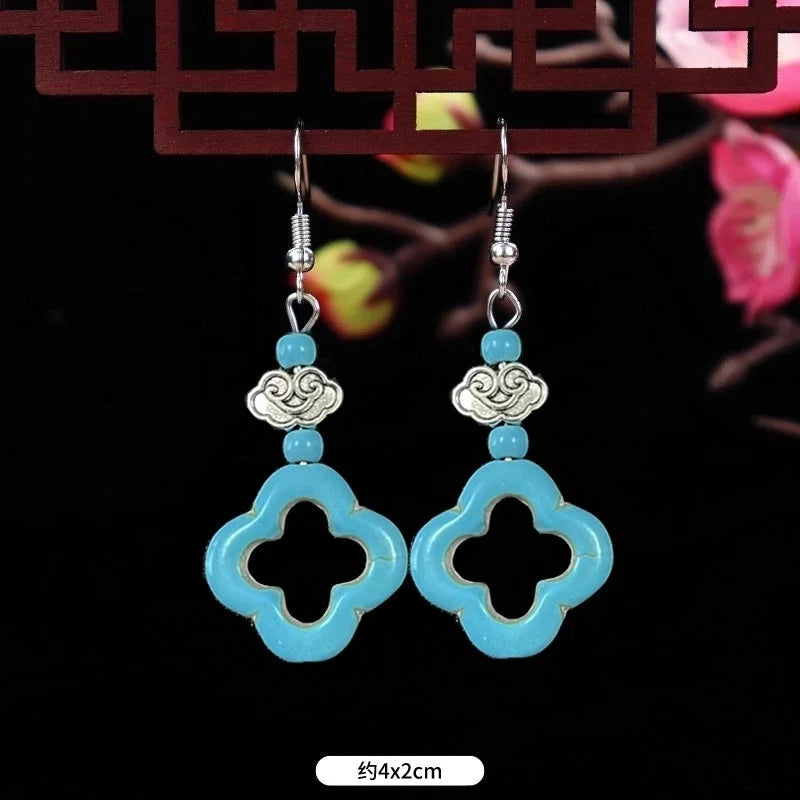 1 Pair Elegant Lady Ethnic Style Owl Flower Butterfly Turquoise Drop Earrings