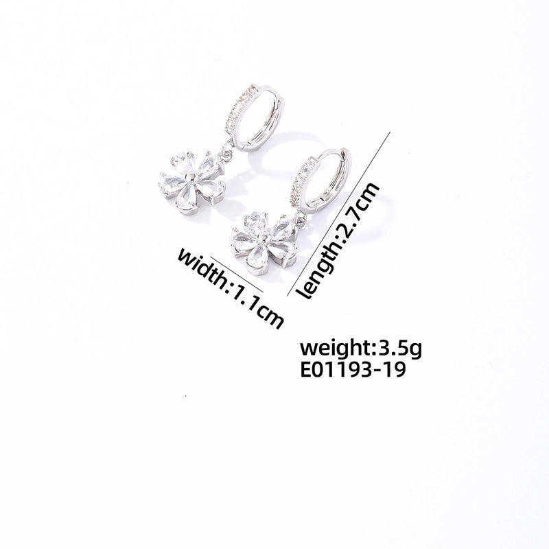 1 Pair Casual Sweet Korean Style Water Droplets Heart Shape Flower Plating Inlay 304 Stainless Steel Zircon Rhodium Plated Drop Earrings