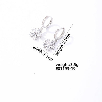 1 Pair Casual Sweet Korean Style Water Droplets Heart Shape Flower Plating Inlay 304 Stainless Steel Zircon Rhodium Plated Drop Earrings