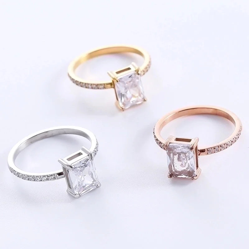 Classic Style Solid Color 304 Stainless Steel Zircon Plating Inlay Rings