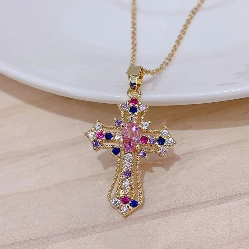Minimalist Cross Copper Inlay Zircon Pendant Necklace