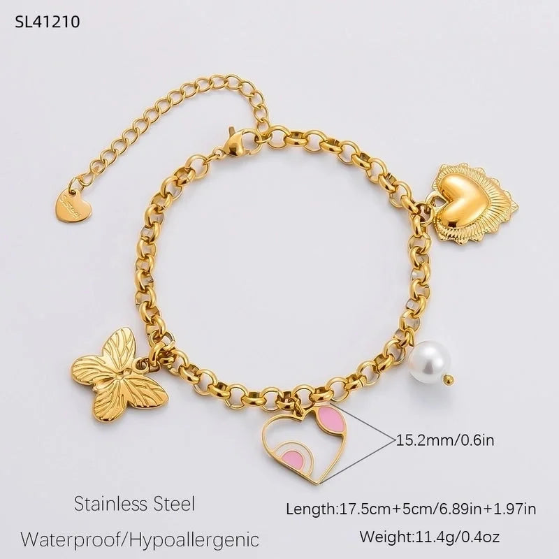 IG Style Sweet Heart Shape Flower Butterfly 304 Stainless Steel 18K Gold Plated Pearl Bracelets Necklace
