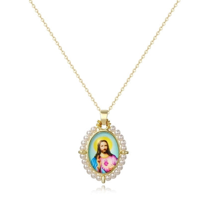 Copper 18K Gold Plated Inlay Human Virgin Mary Acrylic Imitation Pearl Pendant Necklace