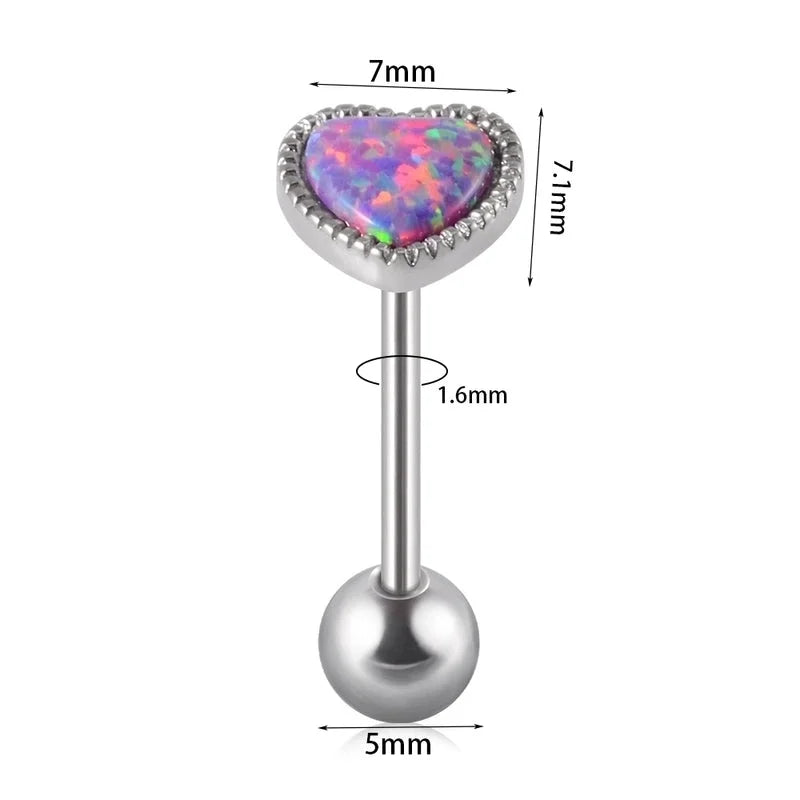 2 Pieces Tongue Rings Hip-Hop Heart Shape 304 Stainless Steel Synthetic Opal Inlay Synthetic Opal Tongue Rings