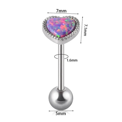 2 Pieces Tongue Rings Hip-Hop Heart Shape 304 Stainless Steel Synthetic Opal Inlay Synthetic Opal Tongue Rings