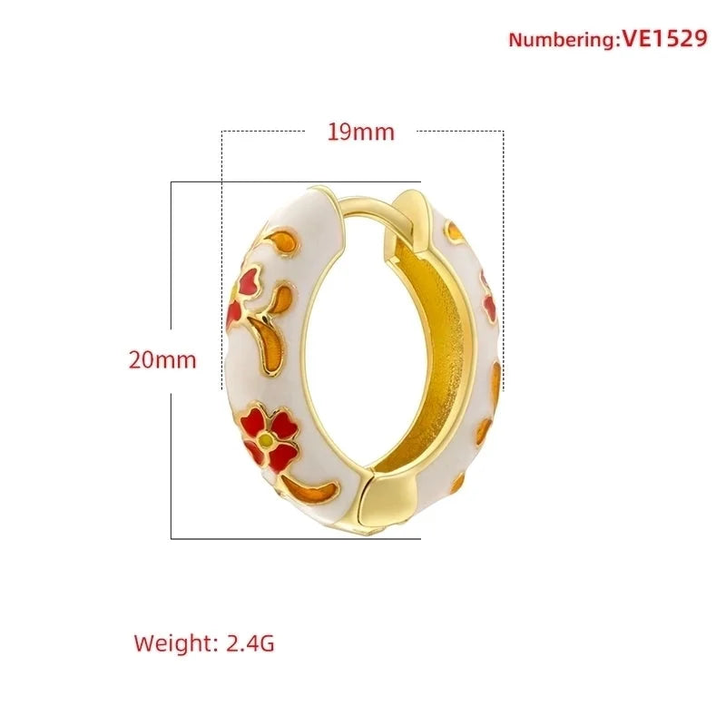 1 Pair Chinoiserie Vintage Style Round Petal Enamel Plating Copper 18K Gold Plated Earrings