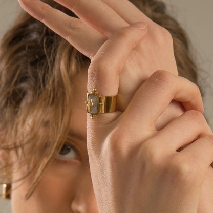 Fashion Round Square 304 Stainless Steel Artificial Gemstones 14K Gold Plated Plating Inlay Open Ring