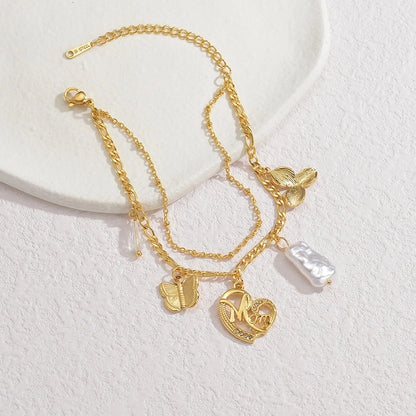 Sweet Minimalist Heart Shape Flower Butterfly 304 Stainless Steel 18K Gold Plated Figaro Chain Multi Charms Bracelet Bracelets In Bulk