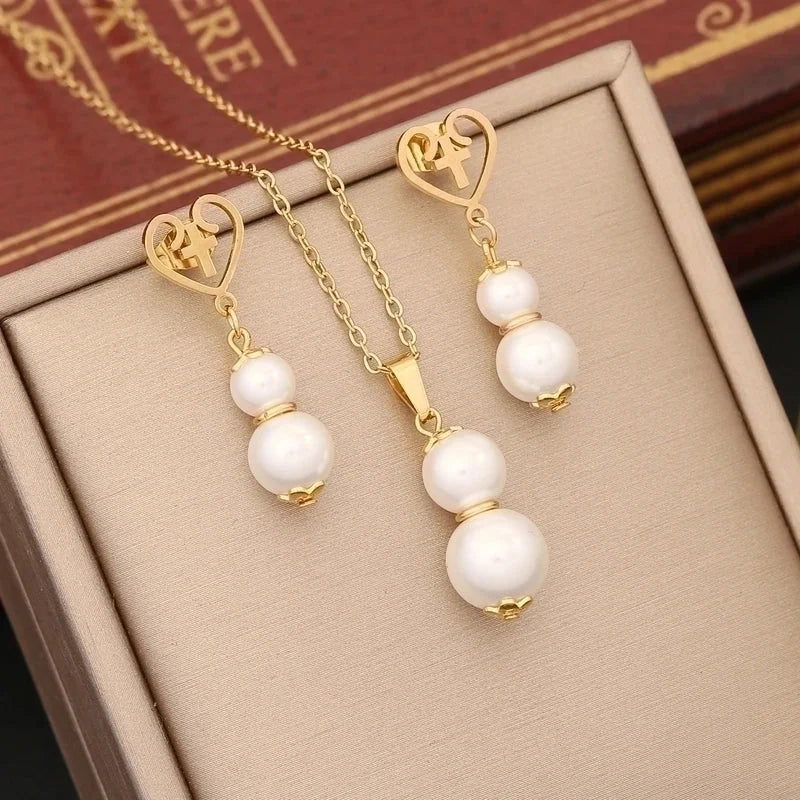 Stainless Steel Artificial Pearl 18K Gold Plated Commute Patchwork Gourd Jewelry Set