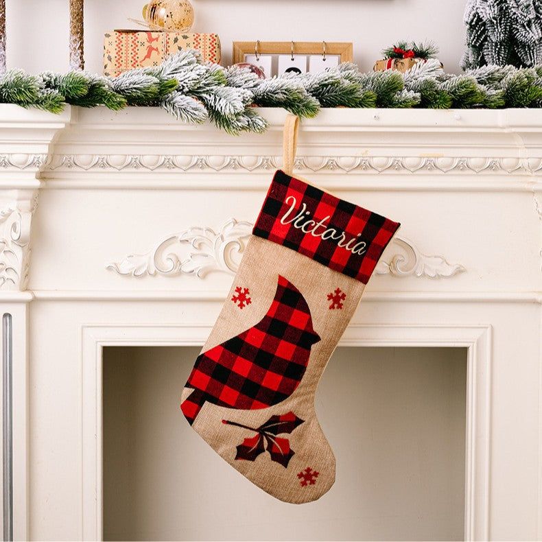 2 Pieces Christmas Stocking Decoration Supplies Red And Black Plaid Burlap Patch Embroidery Children's Gift Bag Holiday Decoration