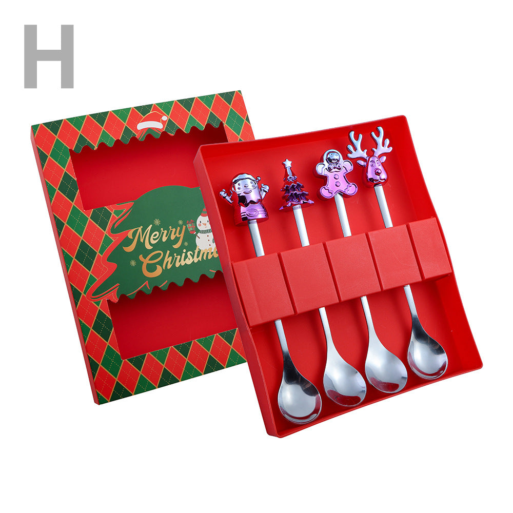 J Christmas Spoon Set Cartoon Colorful Santa Claus Christmas Tree Spoon Fork Coffee Dessert Spoon Gift Box